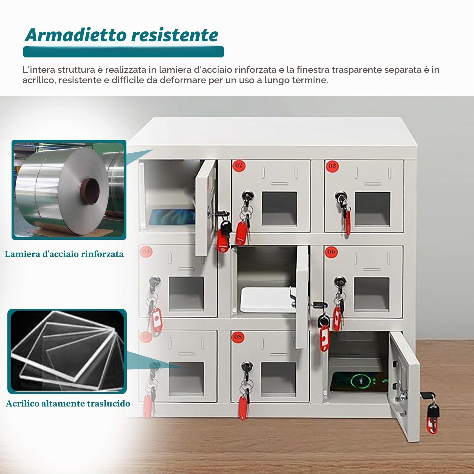Armadietto per Telefoni Cellulari Armadietto Metallico Portacellulare, Armadietti Portacellulare Tascabili con Serratura e Chiave Individuali, Contenitore Portacellulare per Studenti(12 Slots)