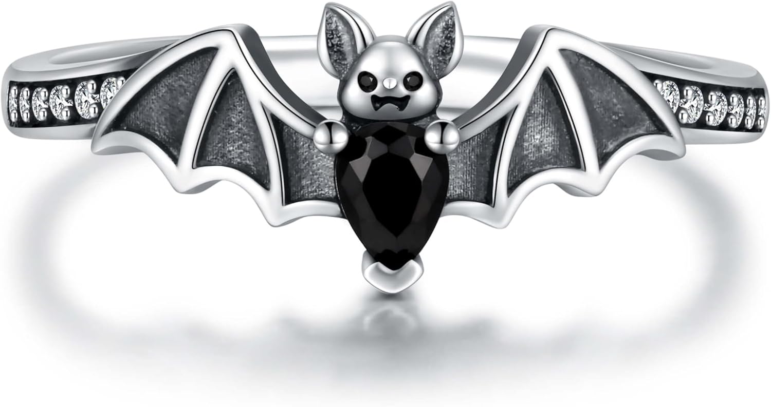 Gothic Bat Ring 925 Sterling Silver for Women - Halloween Jewelry Gifts for Dark Fashion Lovers