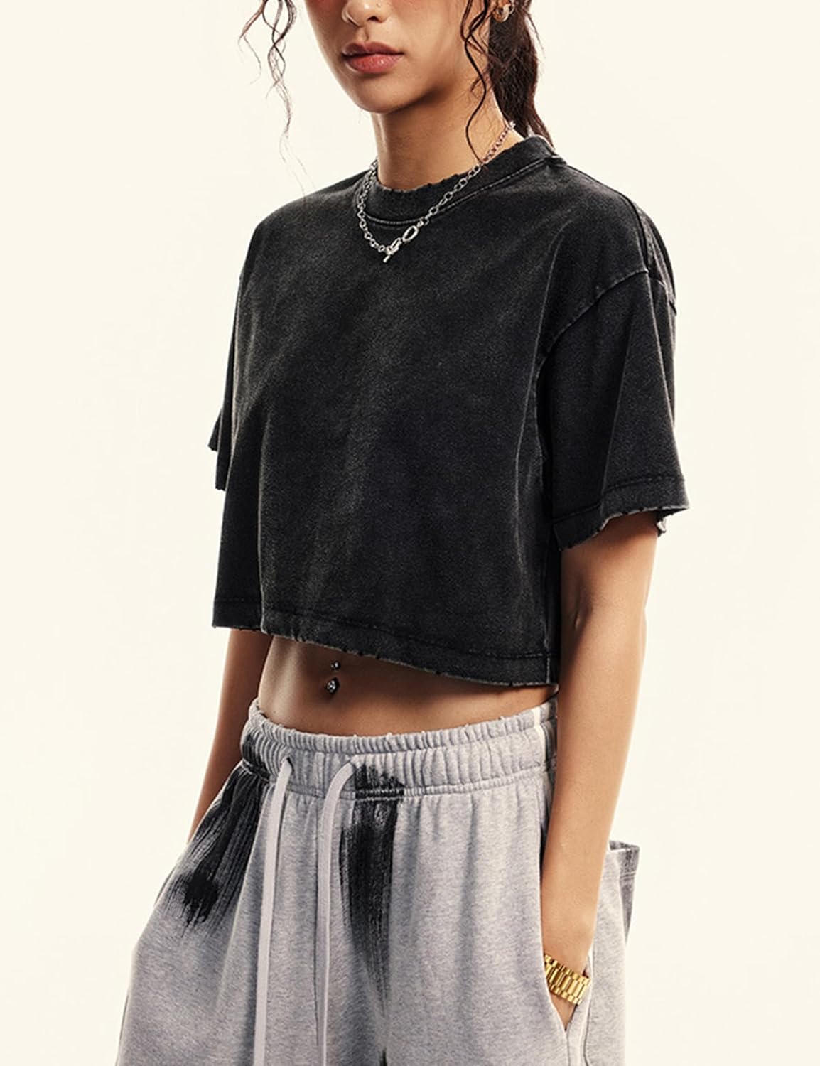 Wyeysyt Womens Cropped T Shirts Vintage Oversized Cotton Tees Short Sleeve Casual Streetwear Washed Basic Tee Tops - Image 4