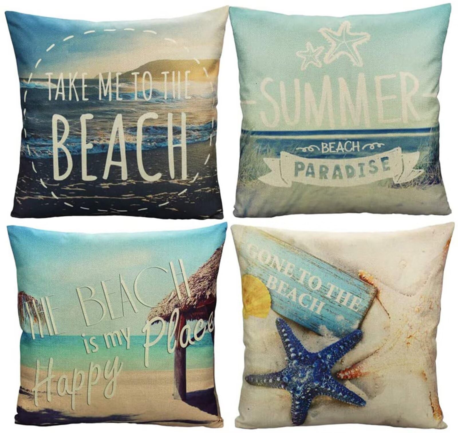 4er Set wasserdichte Kissenbezug 40x40cm,Outdoor Sofakissen Dekokissen Leinen Kissenhülle Strandlandschaft Quadratische Kissenbezüge für Balkon Terrasse Patio Garten Bauernhaus Wohnzimmer Dekor