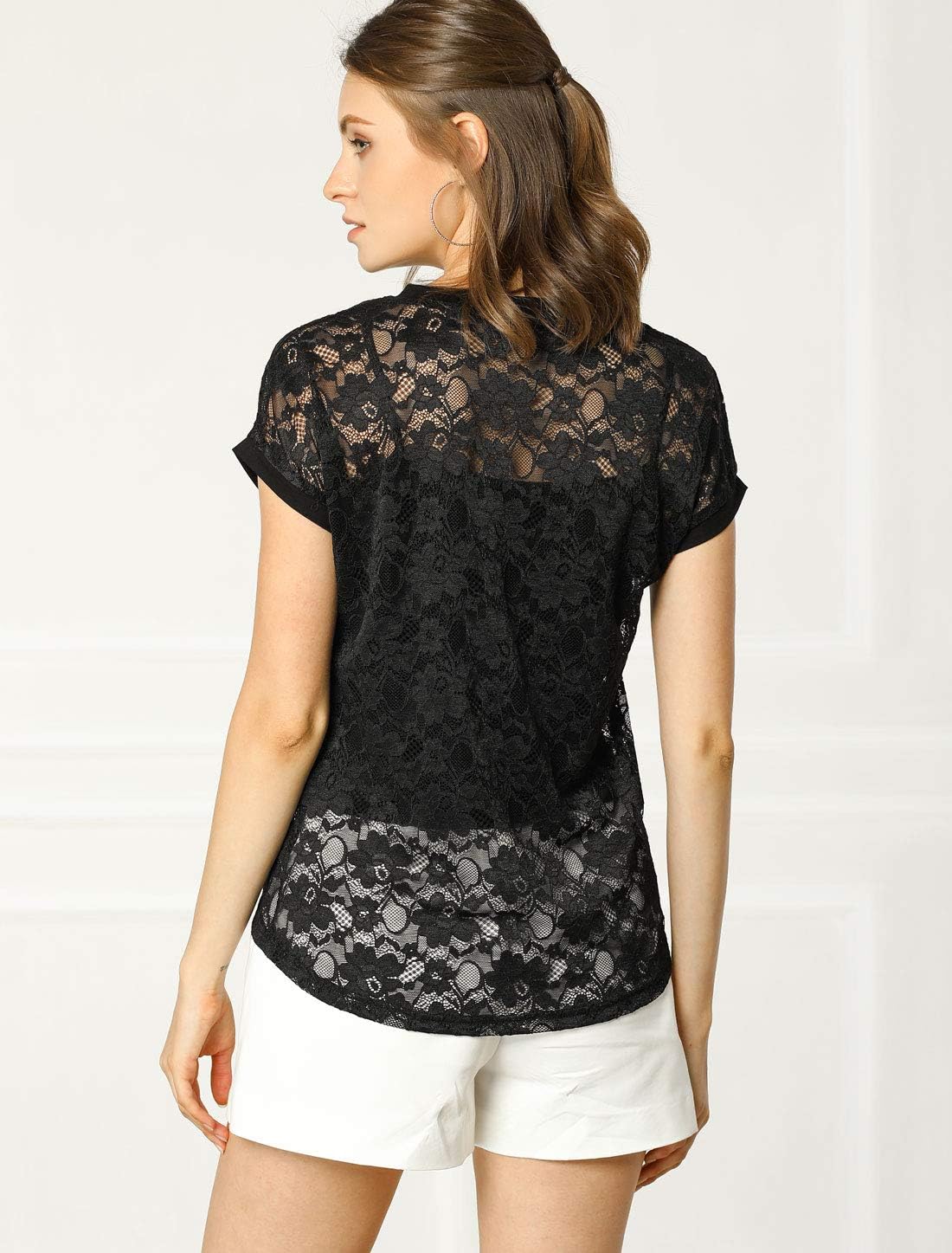 Allegra K Women's Lace Floral Short Sleeve T-Shirt Crew Neck Casual Semi Sheer Tops - Image 5