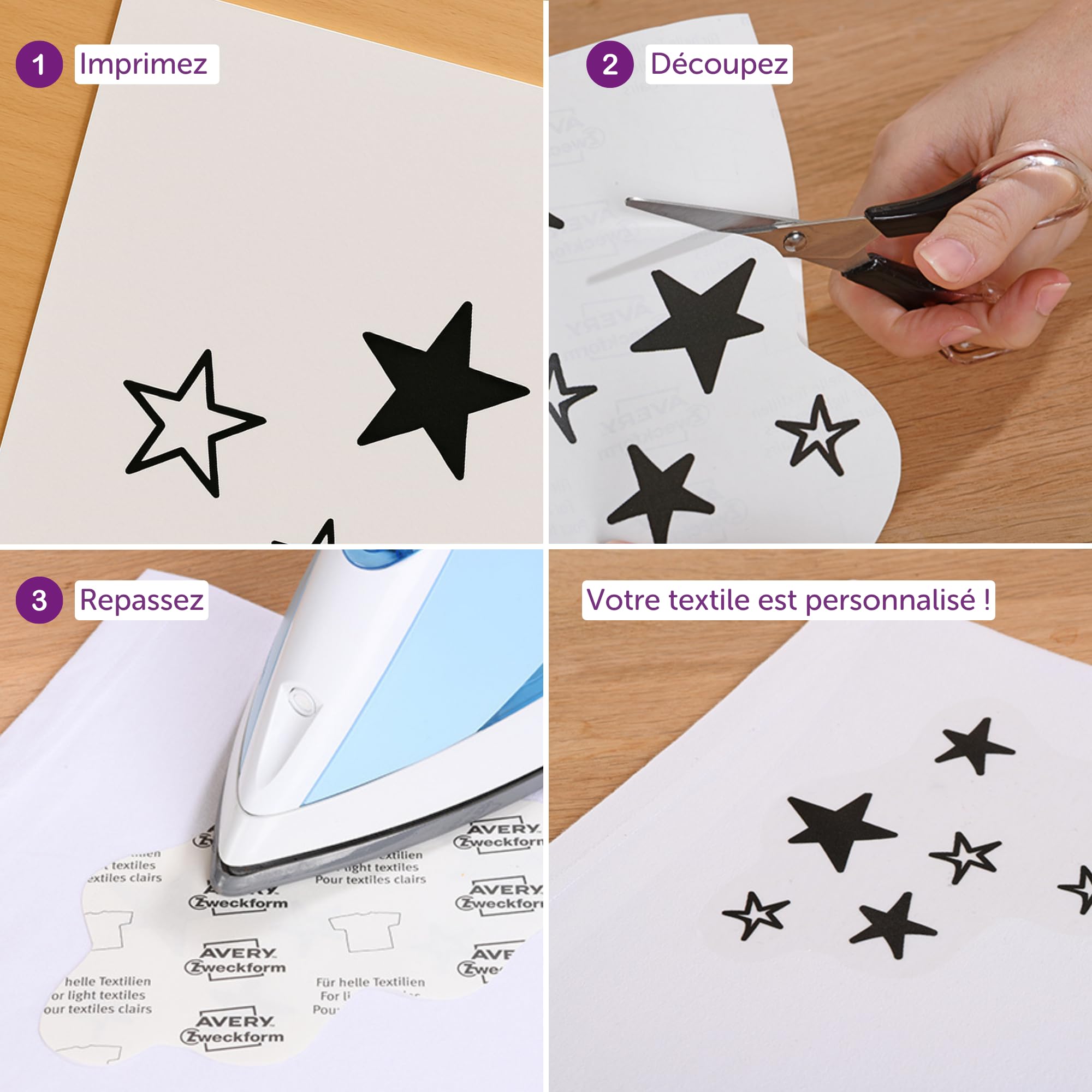 Avery Transferts Textile A4 8 feuilles impression jet encre pour motifs sur tissus clairs