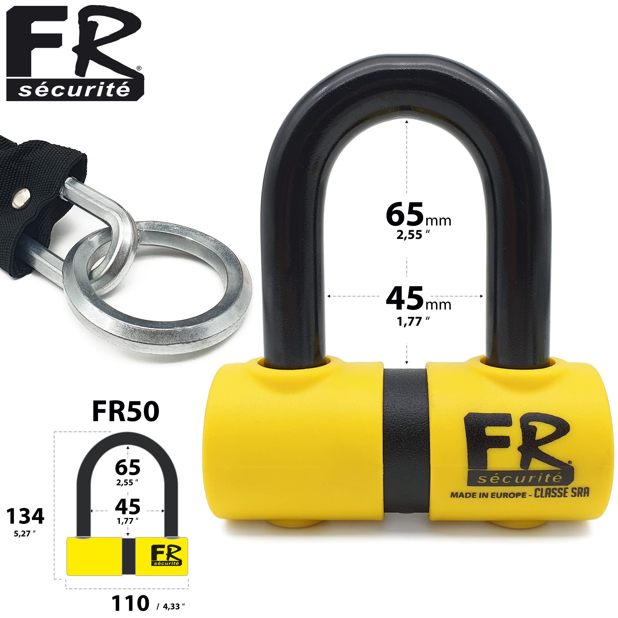 FR SECURITE FR50+10.120L Chaîne Antivol pour Moto et Bloque Disque Mini U Homologué SRA, Protection de Sécurité pour Moto Scooter Vélo Multifonction Anneau en Acier 120cm, ø10mm