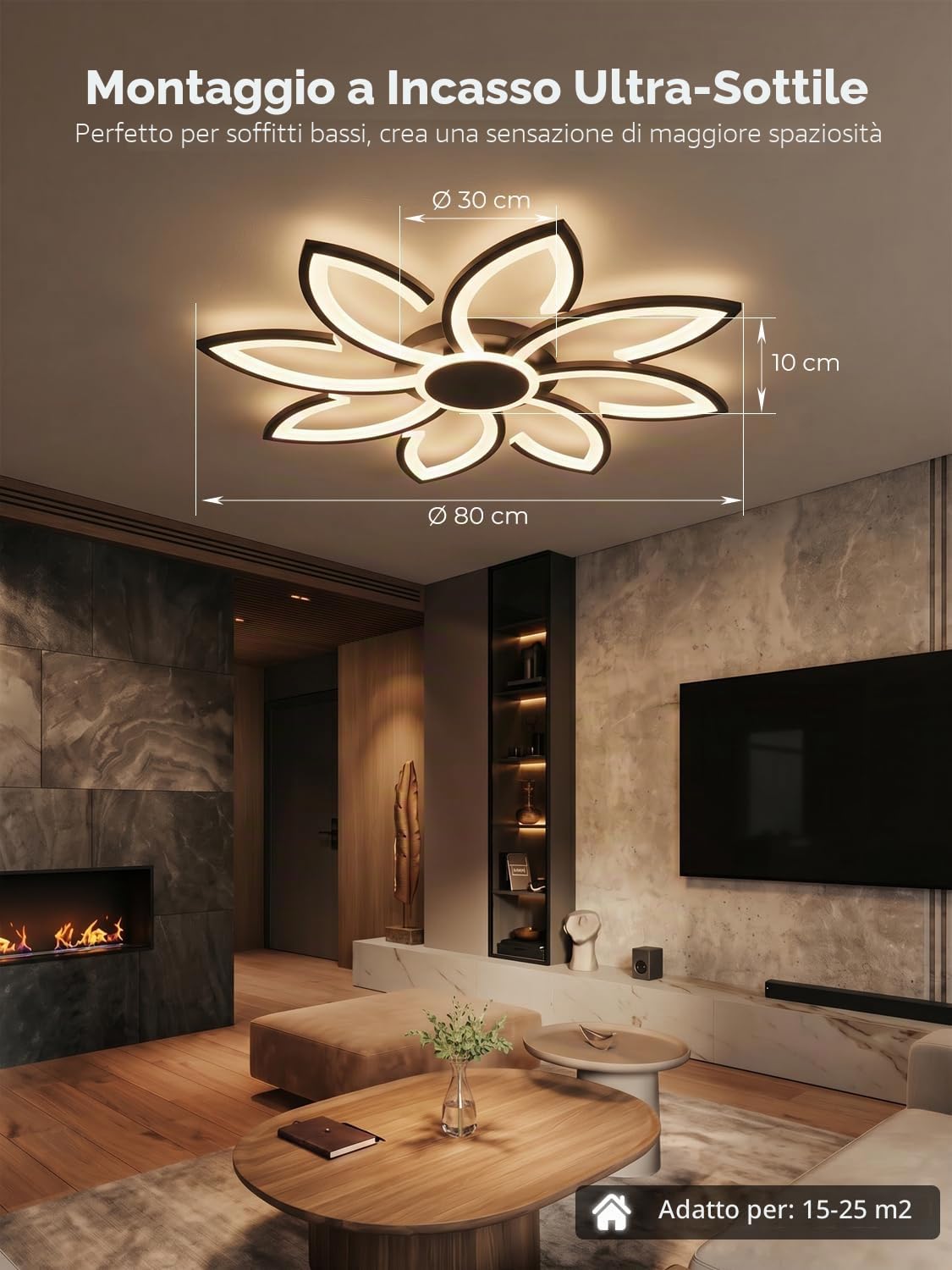 Plafoniera LED Soffitto Smart Dimmerabile Ø80cm, Lampadario Moderno Design a Fiore Compatibile con Alexa/Google Home, Luce Regolabile Con App/Telecomando per Soggiorno, Camera da Letto, Nero