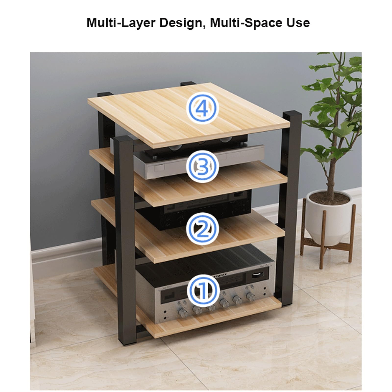 Offener Stereo-Komponentenschrank, AV-Media-Ständer, Holzständer, Audio-Video-Regal, moderner DVD-, CD-Plattenspieler, Konsolenhalter für Heimkino, Wohnzimmer, Walnuss, 4 Etagen