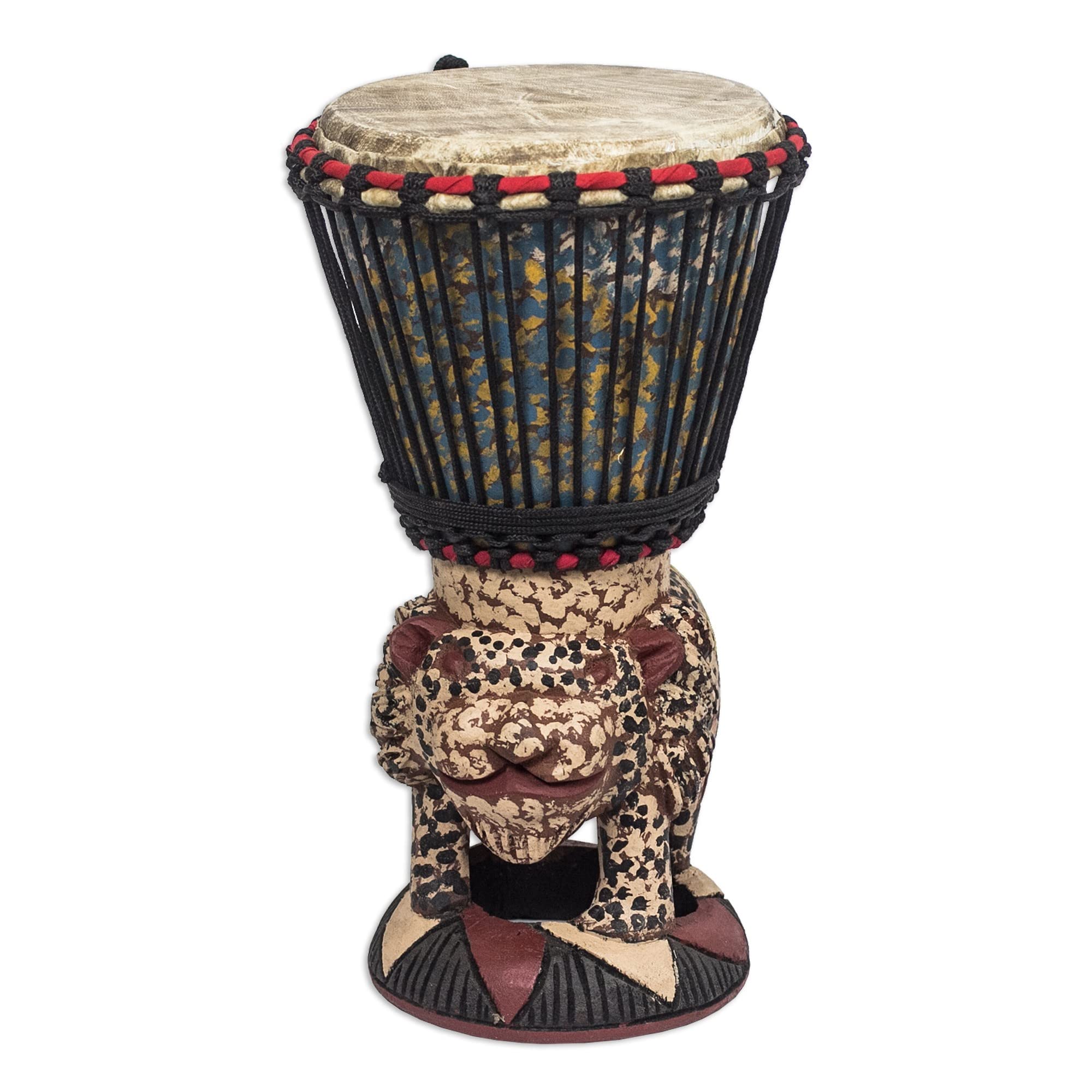 NOVICA Artisan Handcrafted Wood Drum Brown Cream Djembe with Tiger Base Ghana Musical Instruments Drums Cultural Wild Cat [16.25in H x 7.75in W x 9in D] ' Tiger Call'