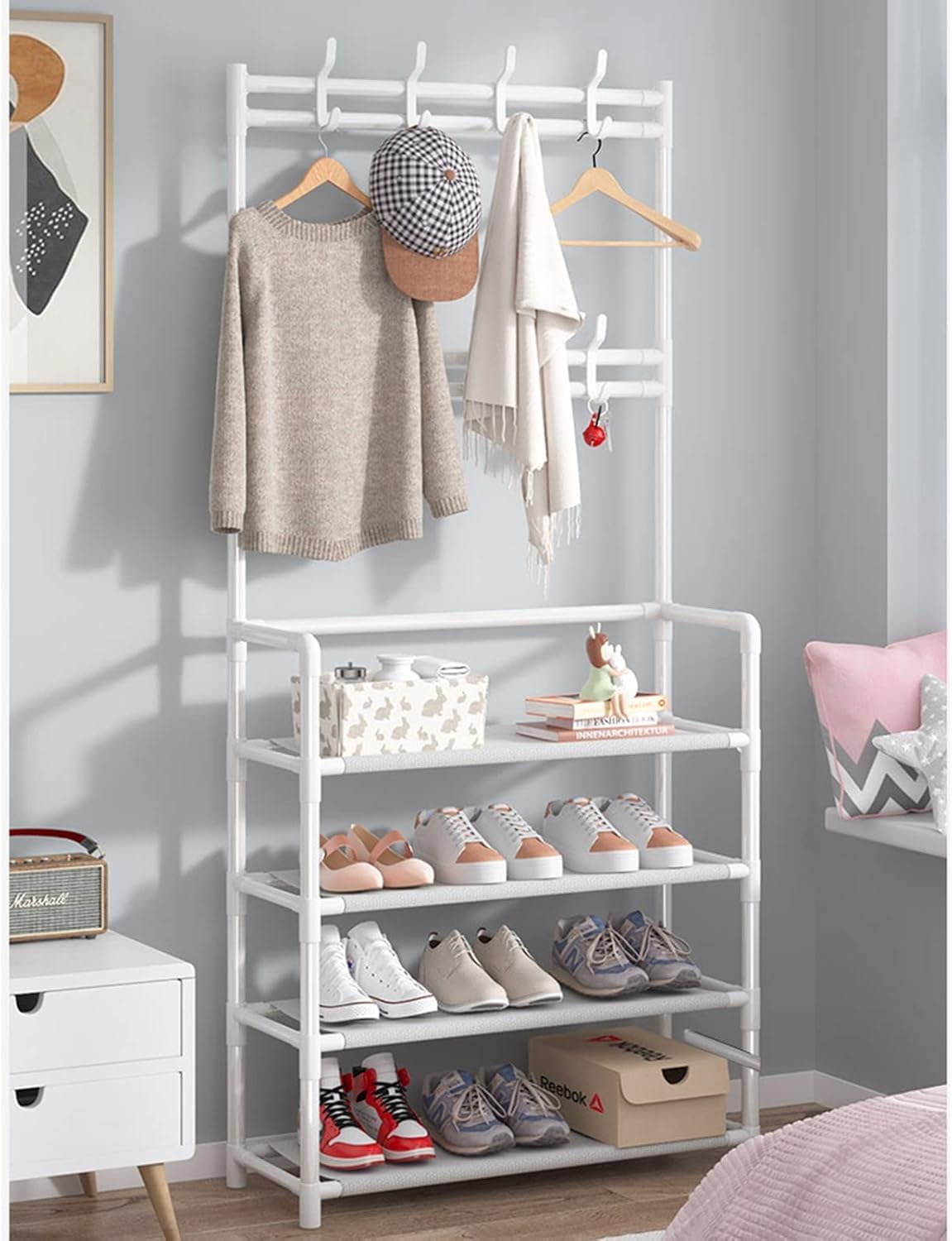 KIJyfgTR Clothes Rack, Coat Rack Stand With Hooand Shoes Rack, Free-Standing Hall Tree For Hallway, Entryway/Black(White,60 * 26 * 155Cm)