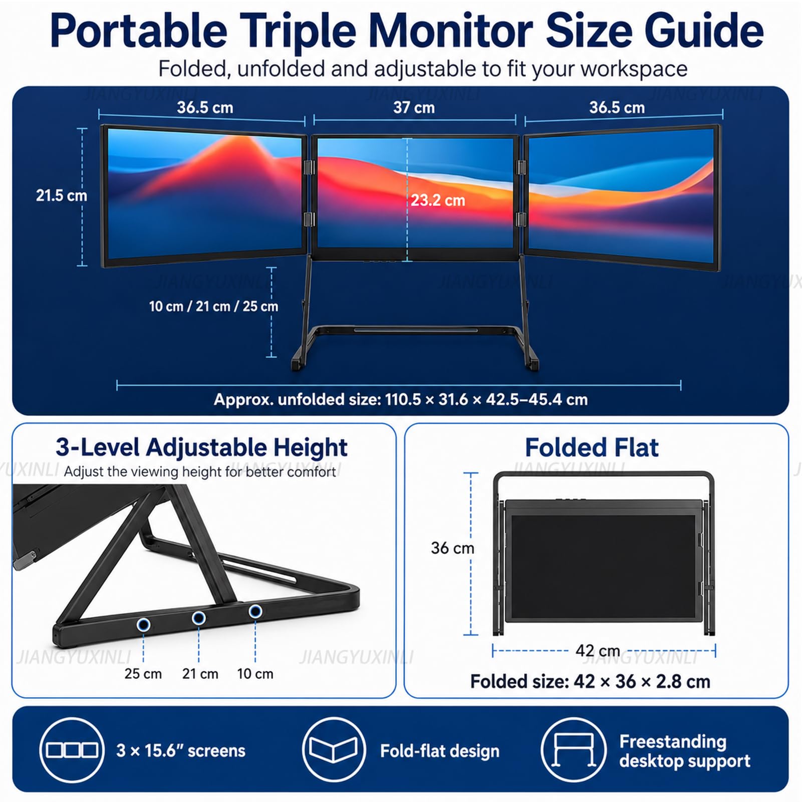 Monitor Triplo per Laptop, 3×15,6 Pollici 1080P IPS per Smart Working | Tre Schermi, 100% sRGB, Luminosità 300 Nit, USB-C HDMI, Supporto Windows/macOS/Linux, Driver Richiesto per Display USB