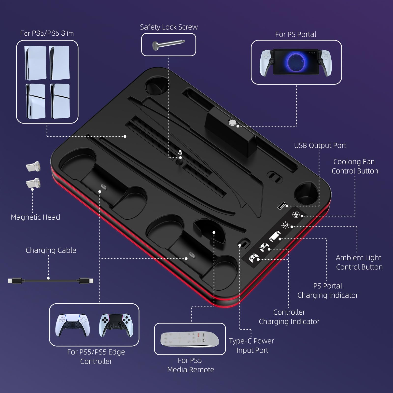 Support PS5/Slim/PS5 Pro avec PS Portal et PS5 Controller Station de Charge, Station Ventilateur de Refroidissement à 3 Niveaux lumières RGB (Noir)