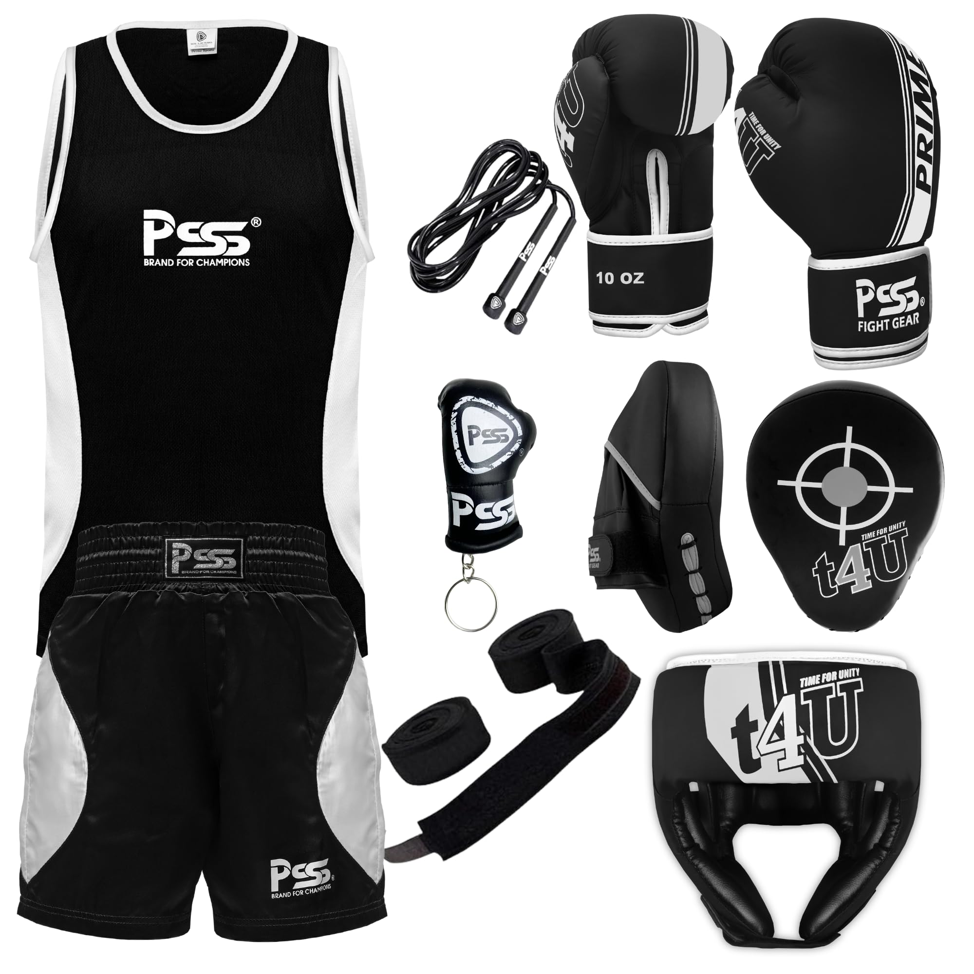 PSS Kids Boxing Set-Boxing Gloves, Uniform, Focus Pad, and Head Guard - Safe, Durable, Lightweight Equipment for Boys/Girls Youth Training, Fitness (White, 9-10Year/6oz)