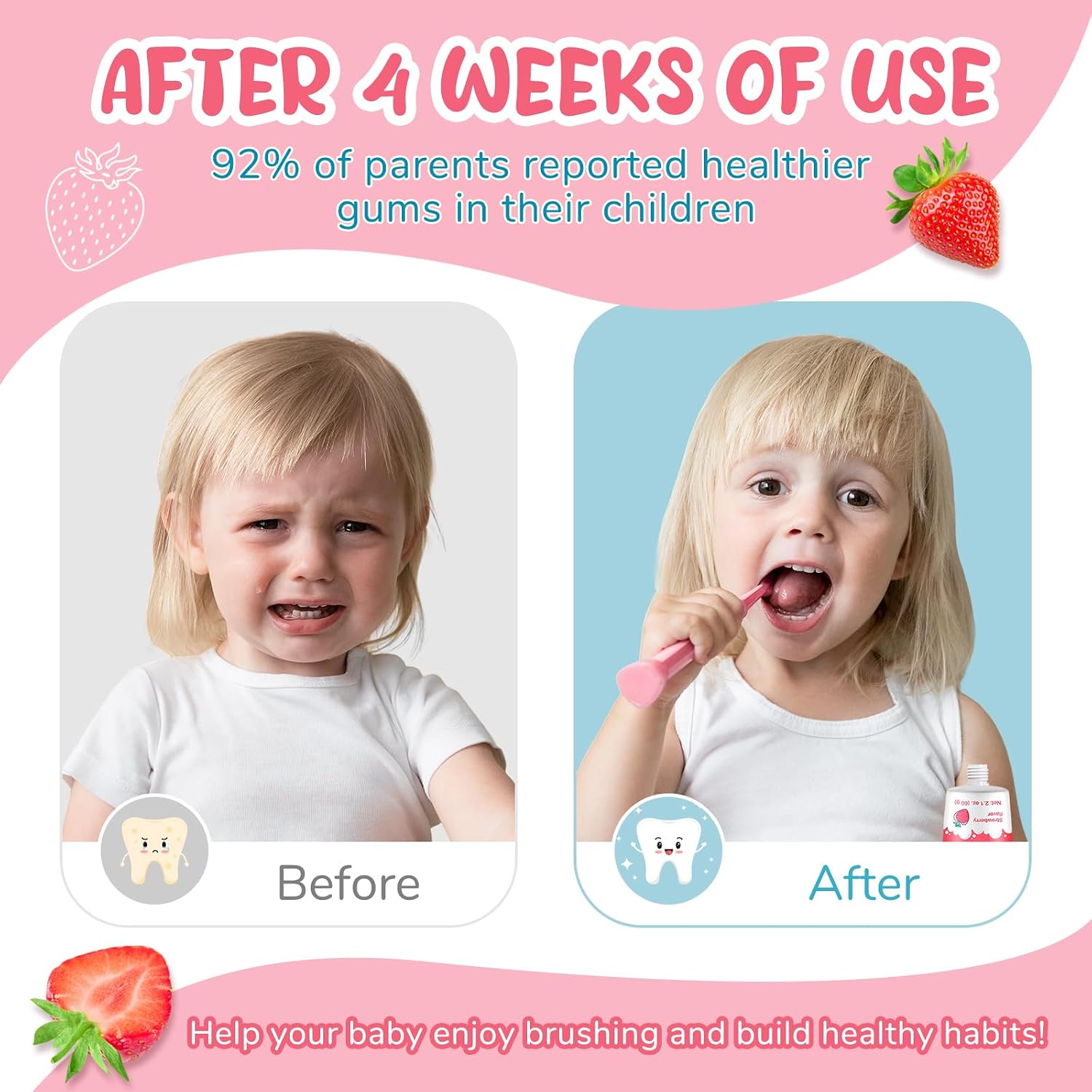 Fluoride-Free Baby Toothpaste for Ages 2-3 – Natural Fruit-Flavored Mild Formula – Pea-Sized Amount for Developing Teeth – 2.1 oz (60g) (1 Pack, Strawberry)