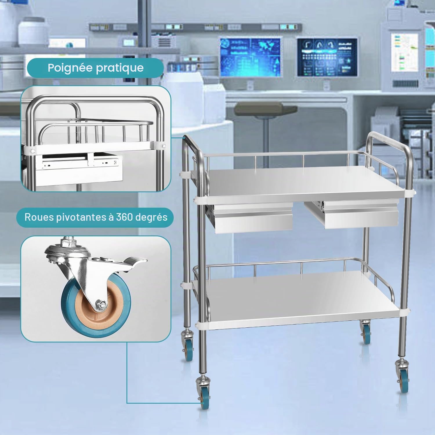 stonylab Chariot Utilitaire de Laboratoire, Chariot à 2 Niveaux en Acier Inoxydable avec Doubles Tiroirs et 2 roulettes Verrouillables