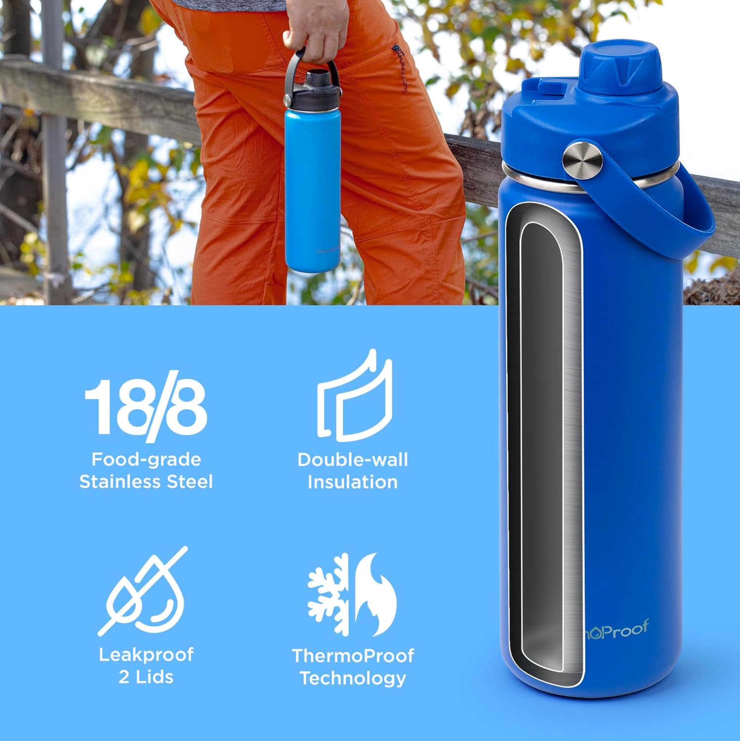 ThermoProof Double-Walled Vacuum Insulated Stainless Steel Water Bottle - Wide Mouth with Chug & Spout Lids, Dishwasher Safe, Reusable, Leakproof, Hot & Cold for Men, Women & Kids - 22oz, Blue - Image 2