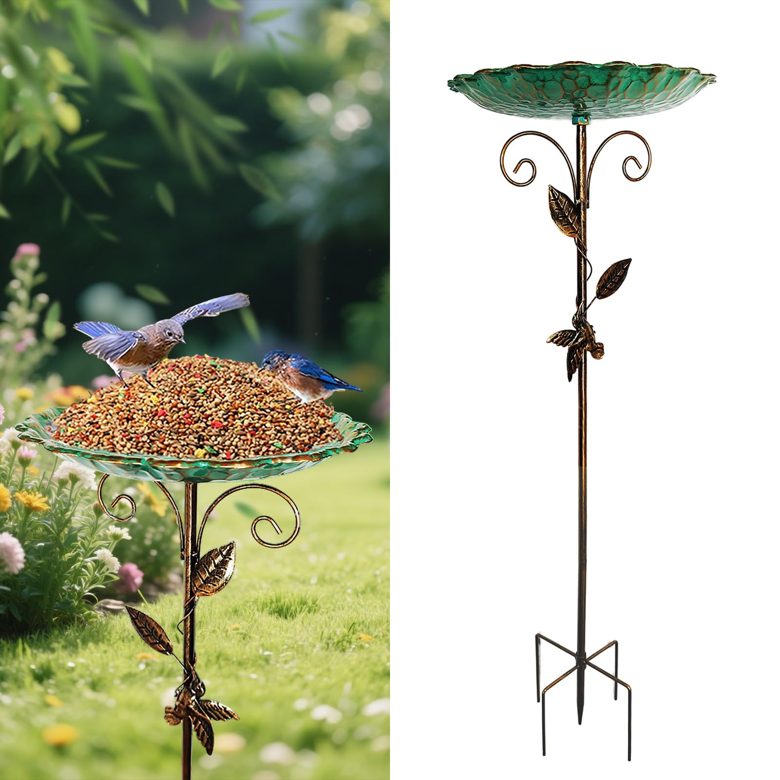 2-in-1 Bodenpfahl Vogeltränke Futterstation, Stehend Vogelbad, Antike Metall Vogel Badewanne, Vogelbecken Futter Schüssel&Pavillon Lebensraum,Wildvögel Wassertränke (26 cm)