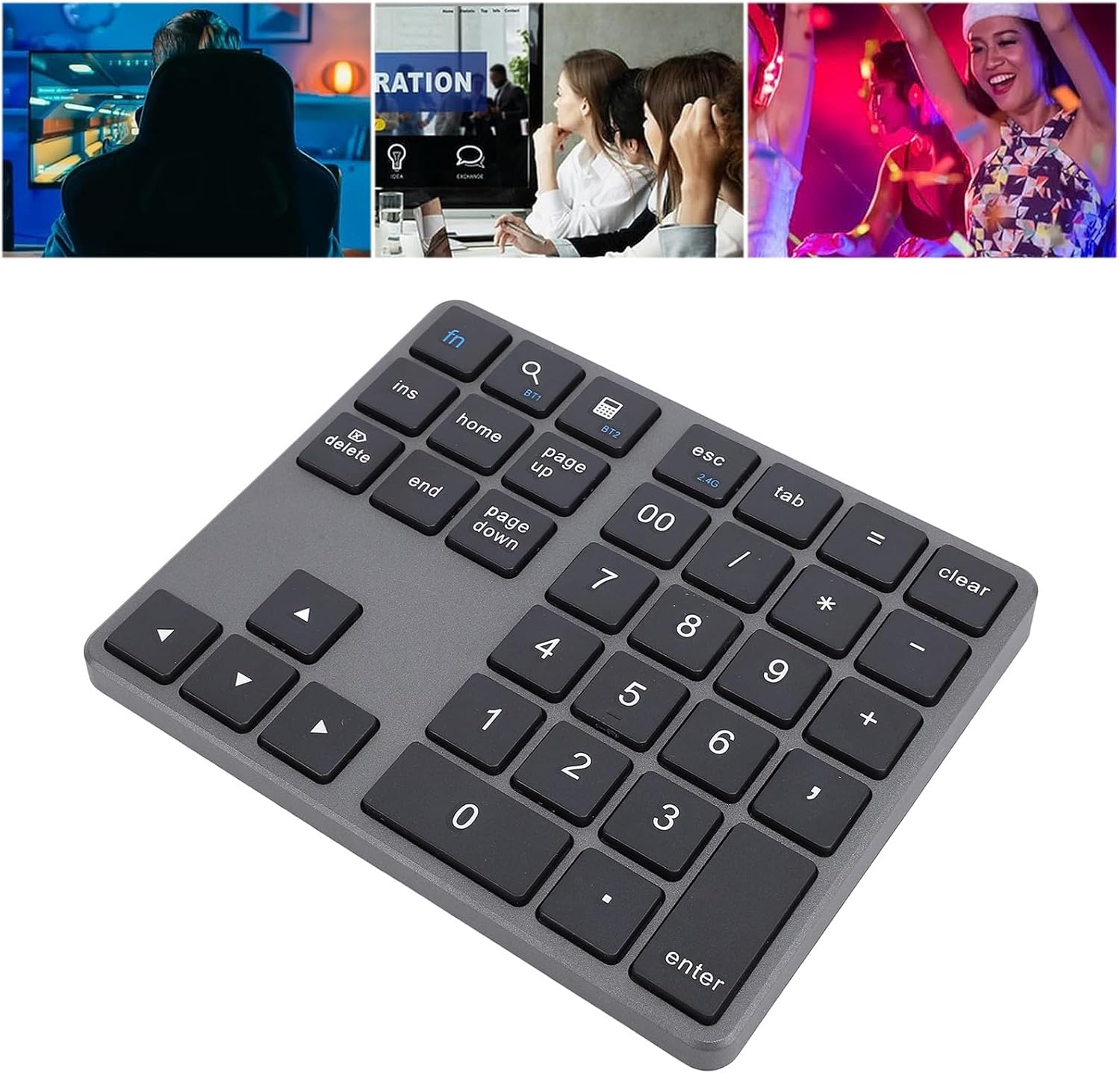 Angled view of the Sanpyl Bluetooth Number Pad, showing the side profile and the arrangement of keys.