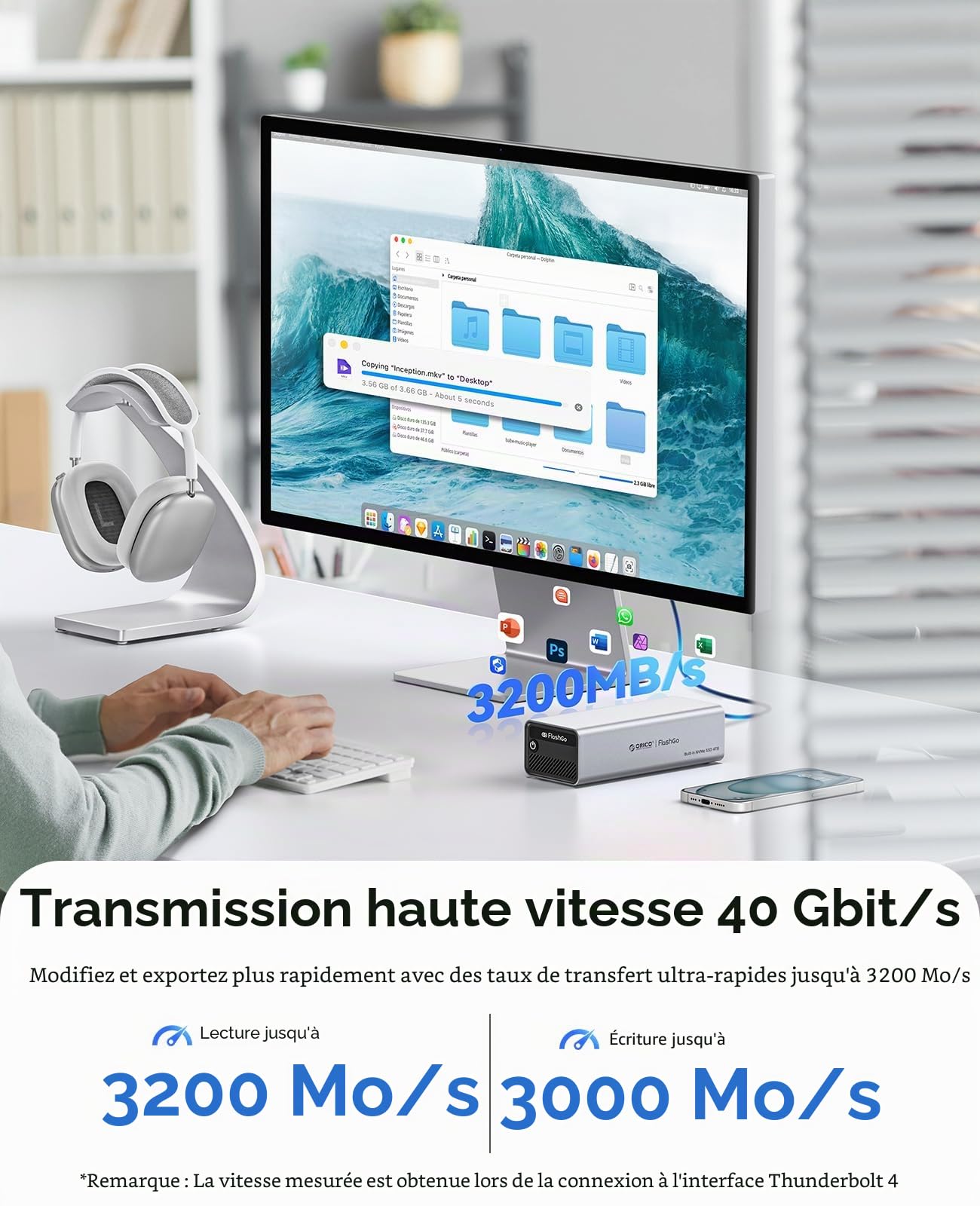 ORICO FlashGo 4To SSD Externe jusqu'à 3200 Mo/s, Thunderbolt 4 (40 Gbps), USB-C (10 Gbps) Disque Dur Externe SSD avec Ventilateur Intégré pour Montage Vidéo sur Mac Mini et MacBook FG02