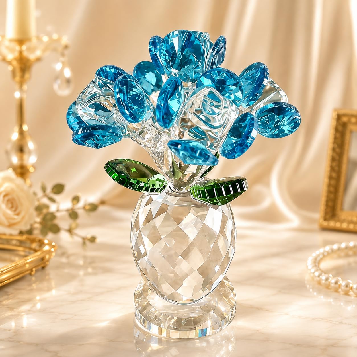 Drawelry Crystal Rose Figurine Ornament, Handmade Crystal Bouquet Flowers Ornament, Crystal Glass Flower Collectible, Home Table Decor Mum Wife Mother's Day Anniversary Timeless Symbol of Love (Blue)