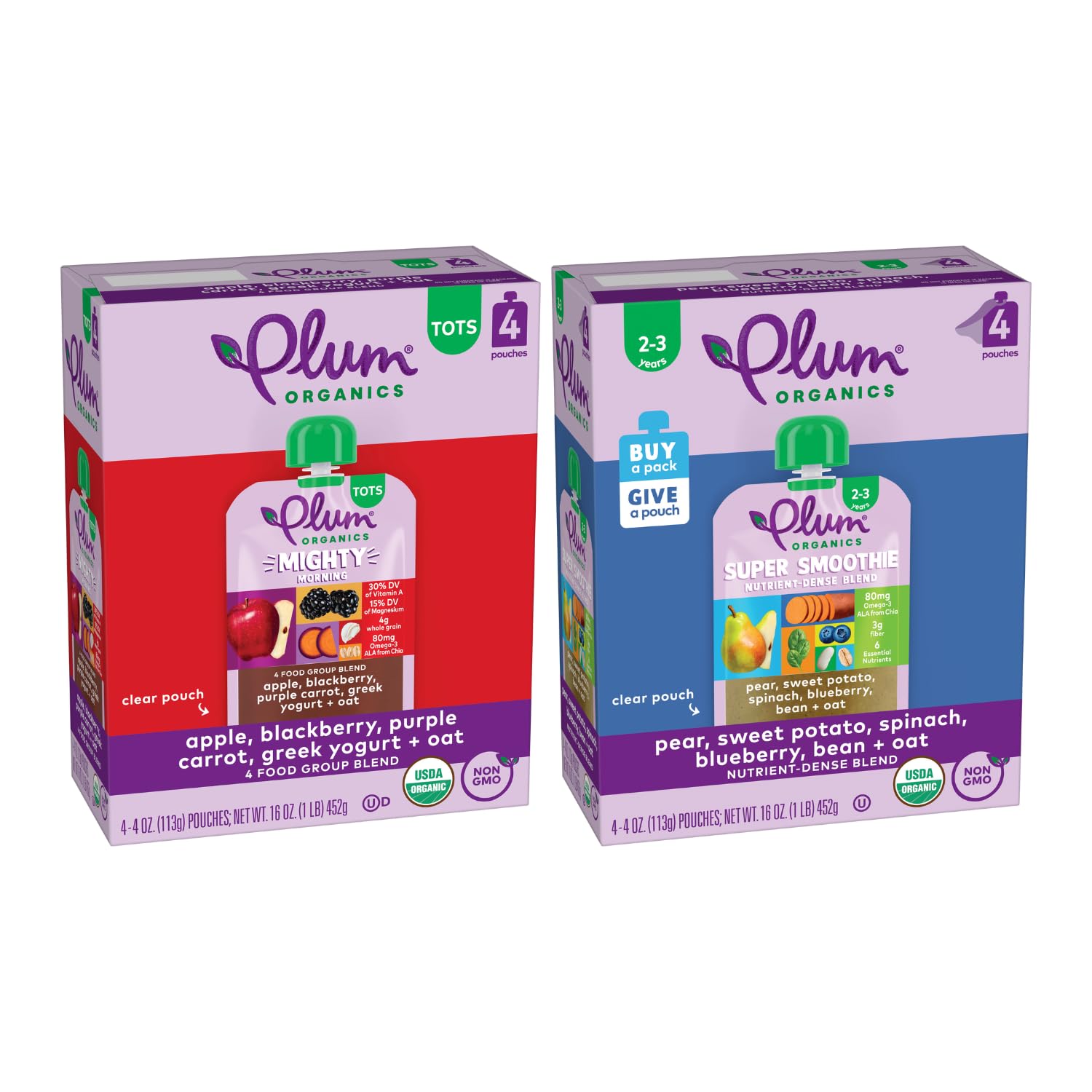 Plum Organics Tots Bundle - 4 oz Pouch (Pack of 8) - Apple, Blackberry, Purple Carrot, Greek Yogurt & Oat - Pear, Sweet Potato, Spinach, Blueberry, Bean, & Oat - Organic Fruit & Vegetable Toddler Food