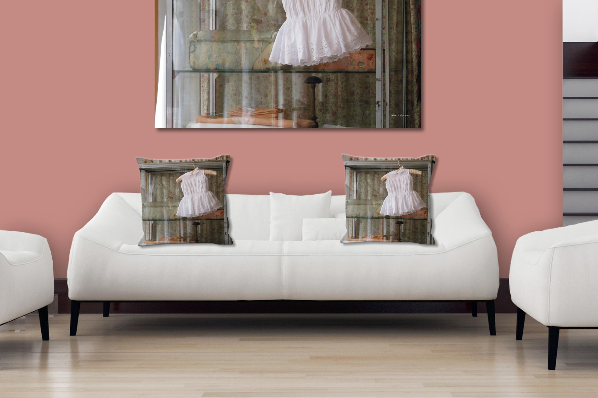 Romantik -Foto-Kissen-Hülle Set (2 STK.) 40 x 40 cm | Kissen-Bezüge - passend zu Wandbild - Deko-Kissen - Kleid Kind Flohmarkt Paris