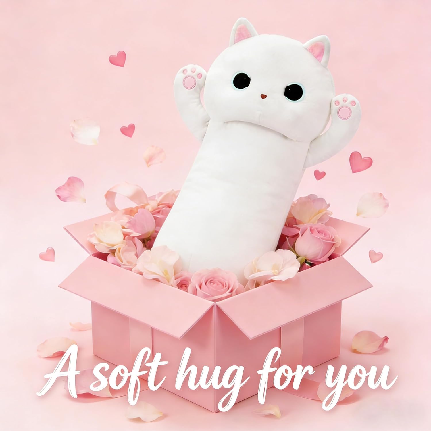 MaoGoLan Long Cat Plush Body Pillow, 44'' Giant White Glow in The Dark Cat Stuffed Animal Toy for Girl Boy Kid, Big Cute Kitty Plush Throw Pillow for Valentines Birthday Gift, Baby Shower Party Decor