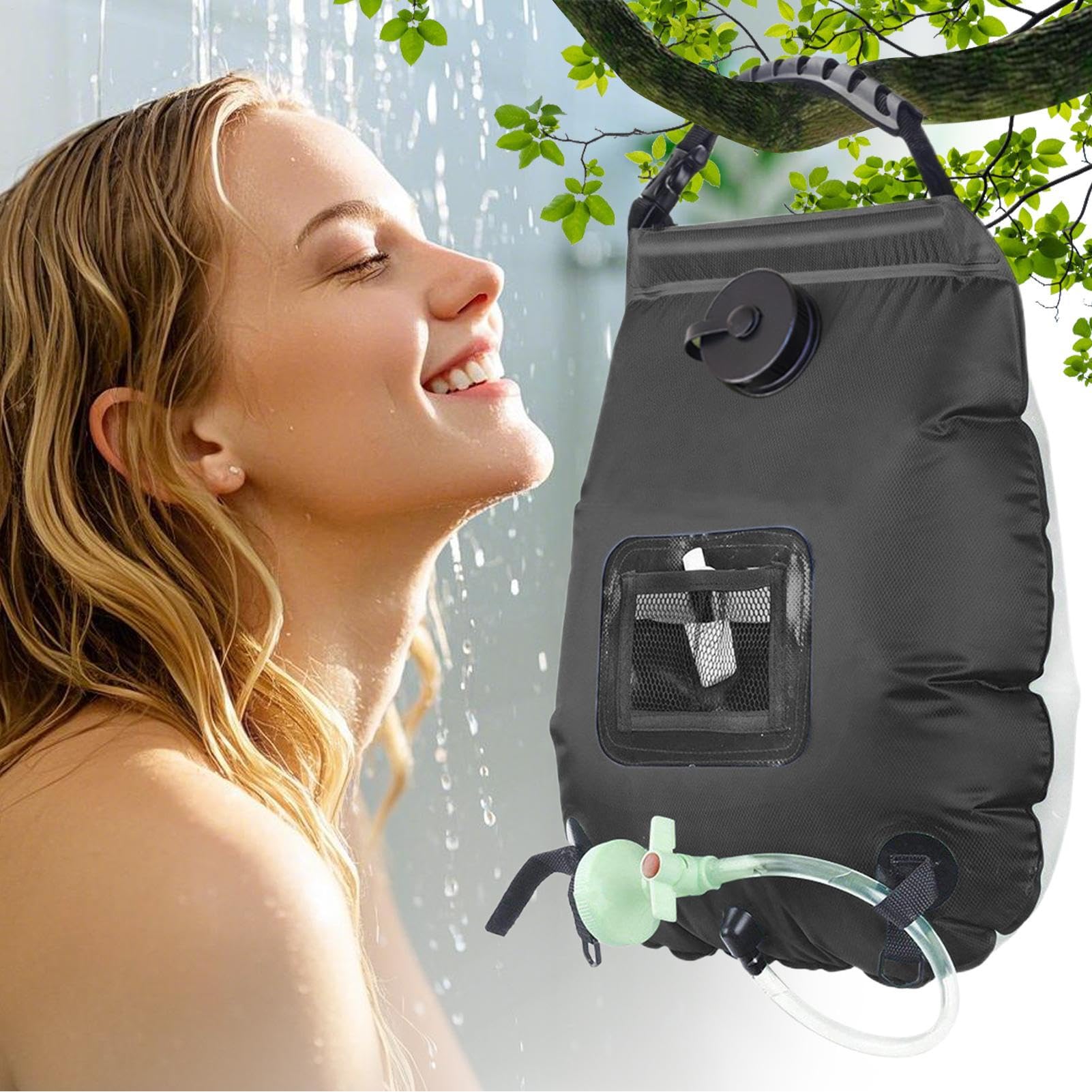 Douche d'extérieur portable 20 l Sac de douche solaire avec pommeau de douche et tuyau | Douche de camping portable pour camping, extérieur, maison, voyage, jardin, balcon, camping-car, glamping