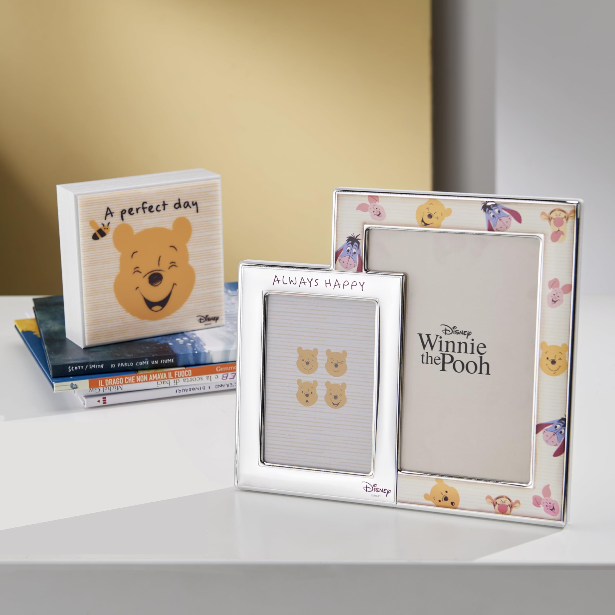 VALENTI & CO. Disney Baby - Winnie The Pooh - Cornice Porta Foto Doppia da Tavolo, in Argento, Idea Regalo Bambino o Neonato per Battesimo o Compleanno
