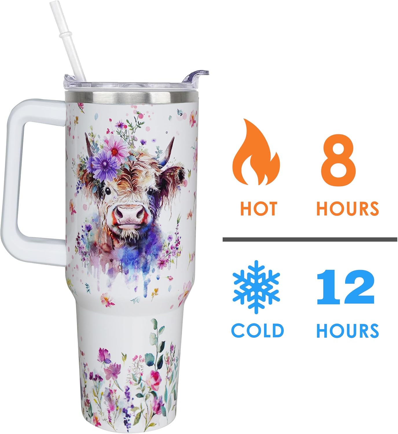 40 oz Cow Print Tumbler with Handle and Straw Lid 40oz Cute Cow Themed Gifts Steel Insulated Travel Cow Coffee Cup - Image 6