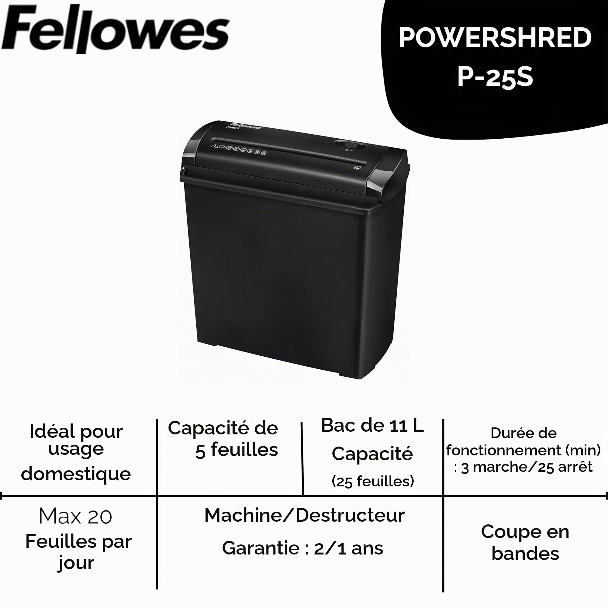 Fellowes Powershred P-30C destructeur de papier Découpage en particules 22 cm Noir