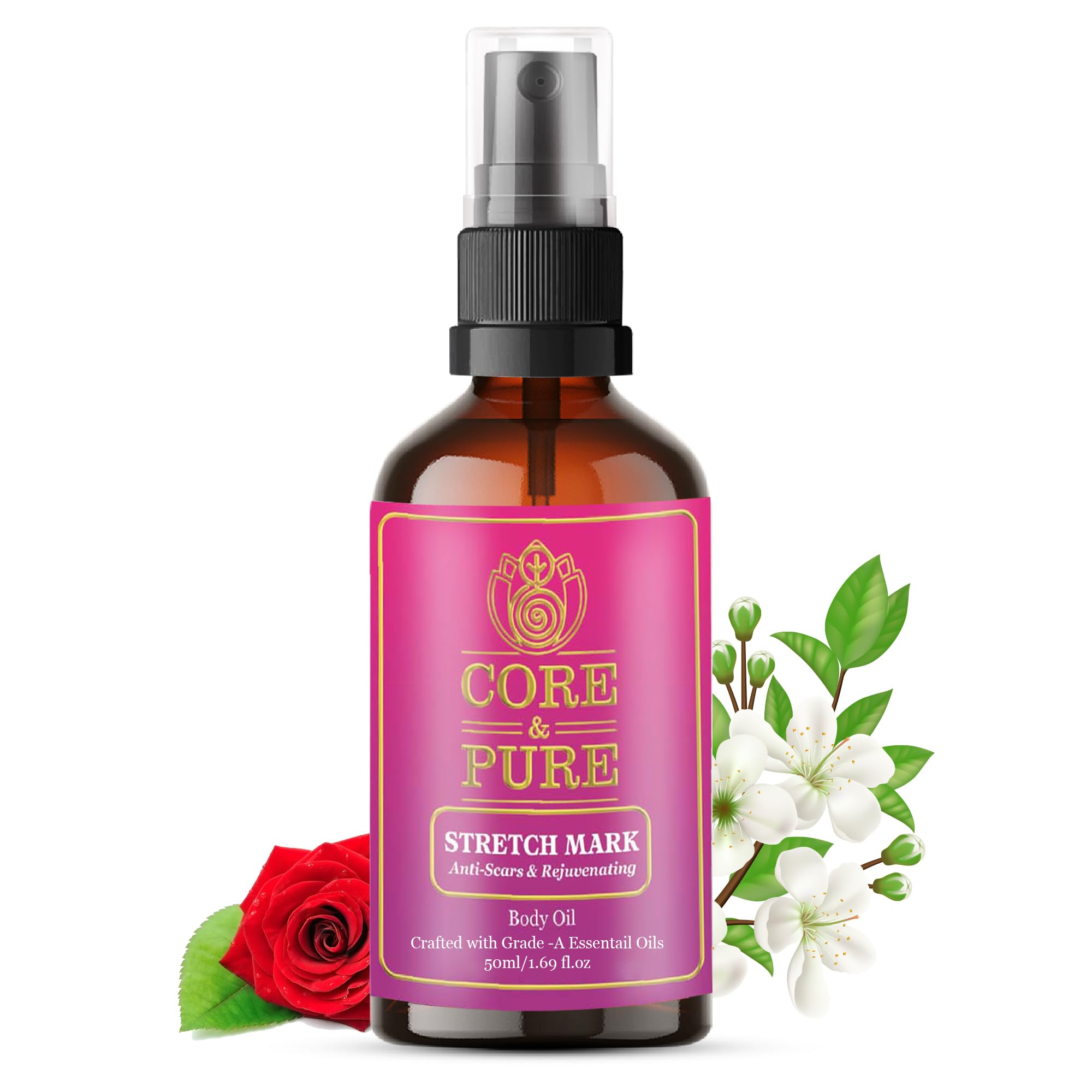 CORE & PURE Stretch Mark Oil Helps in Scar Removal, Uneven Skin Tone & Soothes Itchy and Stretchy Skin with 100% Natural Essential Oils Rose, Myrrh, Jasmine |All Skin Types|- 50ml