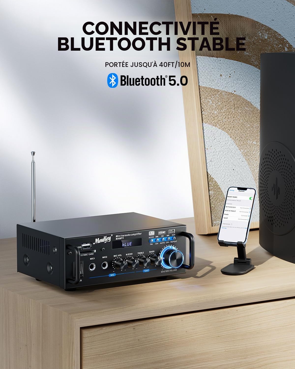 Moukey Amplificateur Audio 2.0 Canaux, Amplificateur Stéréo Bluetooth 5.0 100W, Amplificateur HiFi, Radio FM Portable, Entrée Carte SD/USB, pour Voiture ou Maison, MAMP3