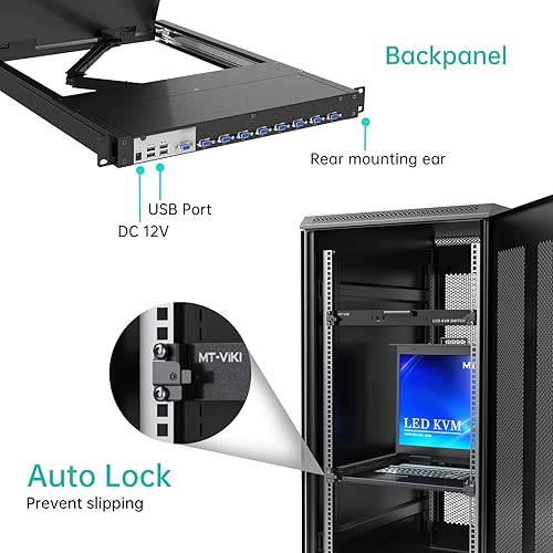 Miniatura 4 de MT-VIKI Consola KVM para rack con monitor LCD de 19 pulgadas, conmutador KVM VGA de 8 puertos con monitor táctil de teclado, apto para rack de 1U de