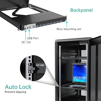 MT-VIKI KVM Rack Console w/19'' LCD Monitor, 8 Port VGA KVM Switch with Keyboard Touchpad Monitor, Fit for 1U 19'' Rack, OSD/Hotkey/Button with 8 KVM Cable