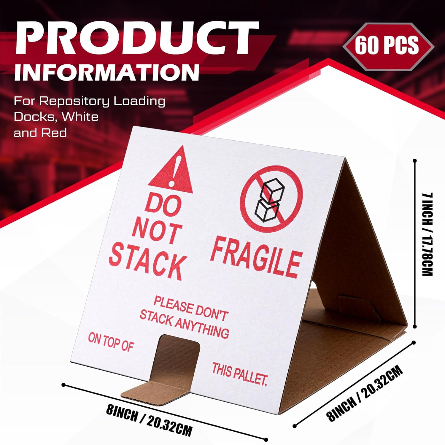 60 Pcs Do Not Stack Pallet Cones 8 x 8 x 7" Do Not Stack Cones Corrugated Cardboard, Red White Safe Shipping and Handling Alerts for Repository Loading Docks