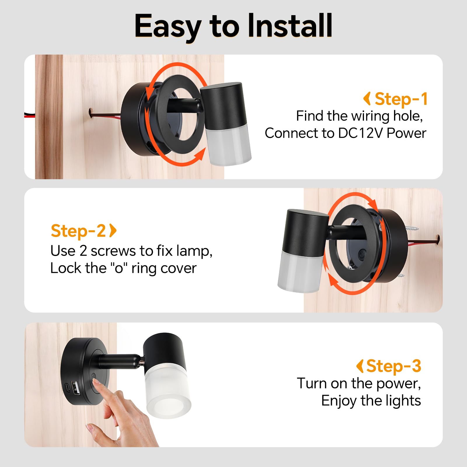 acegoo Luz de Lectura LED 12V Lámpara de Pared Regulable DC12-24V con Cargador USB para Barco Autocaravana Caravana Camper Cabina Camión Iluminación Interior, 3200K/Luz Nocturna Roja Negro