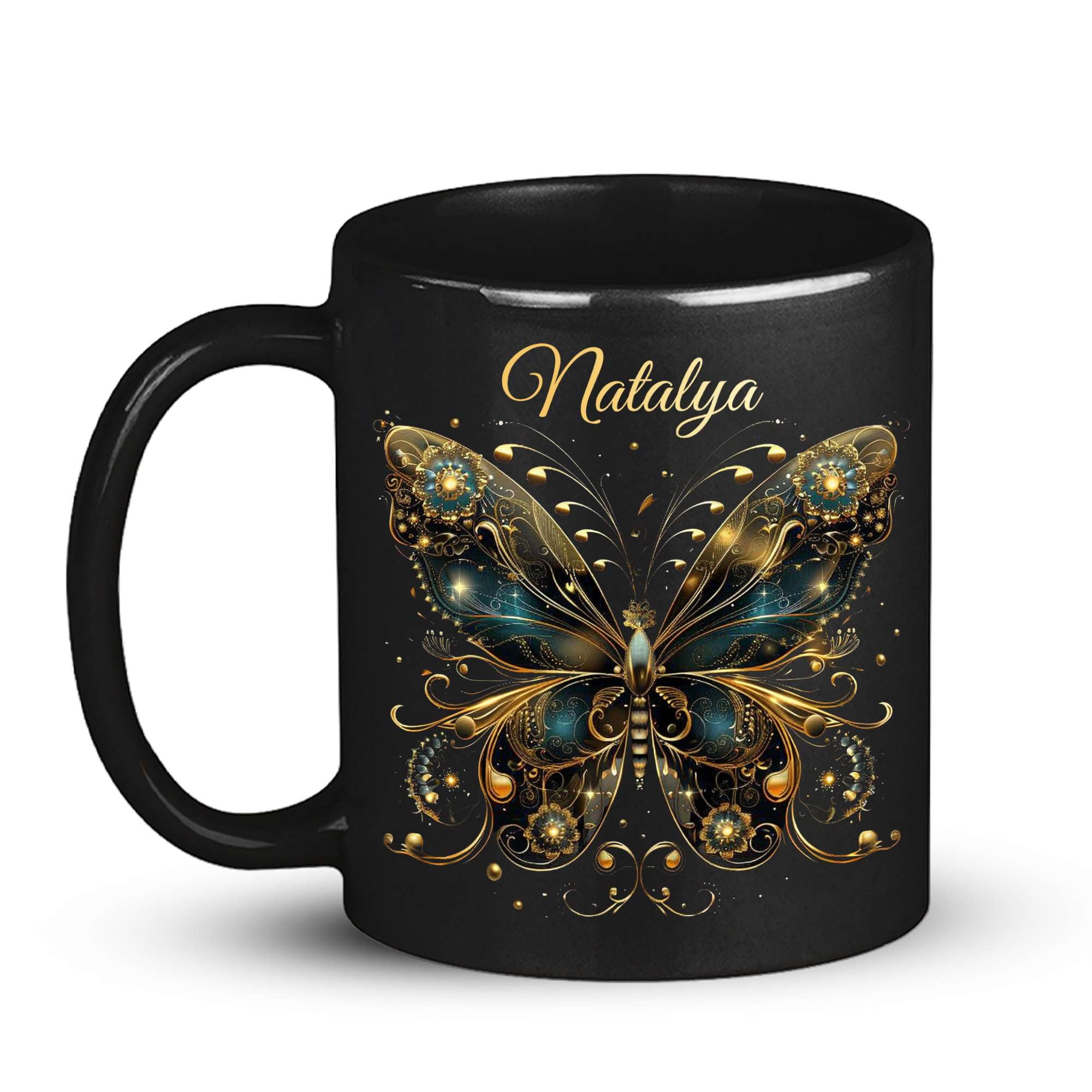 Customized Elegant Animal Ceramic Mug, Personalized Name Butterfly Lover Mug 11oz 15oz, Shimmering Animal Black Cup