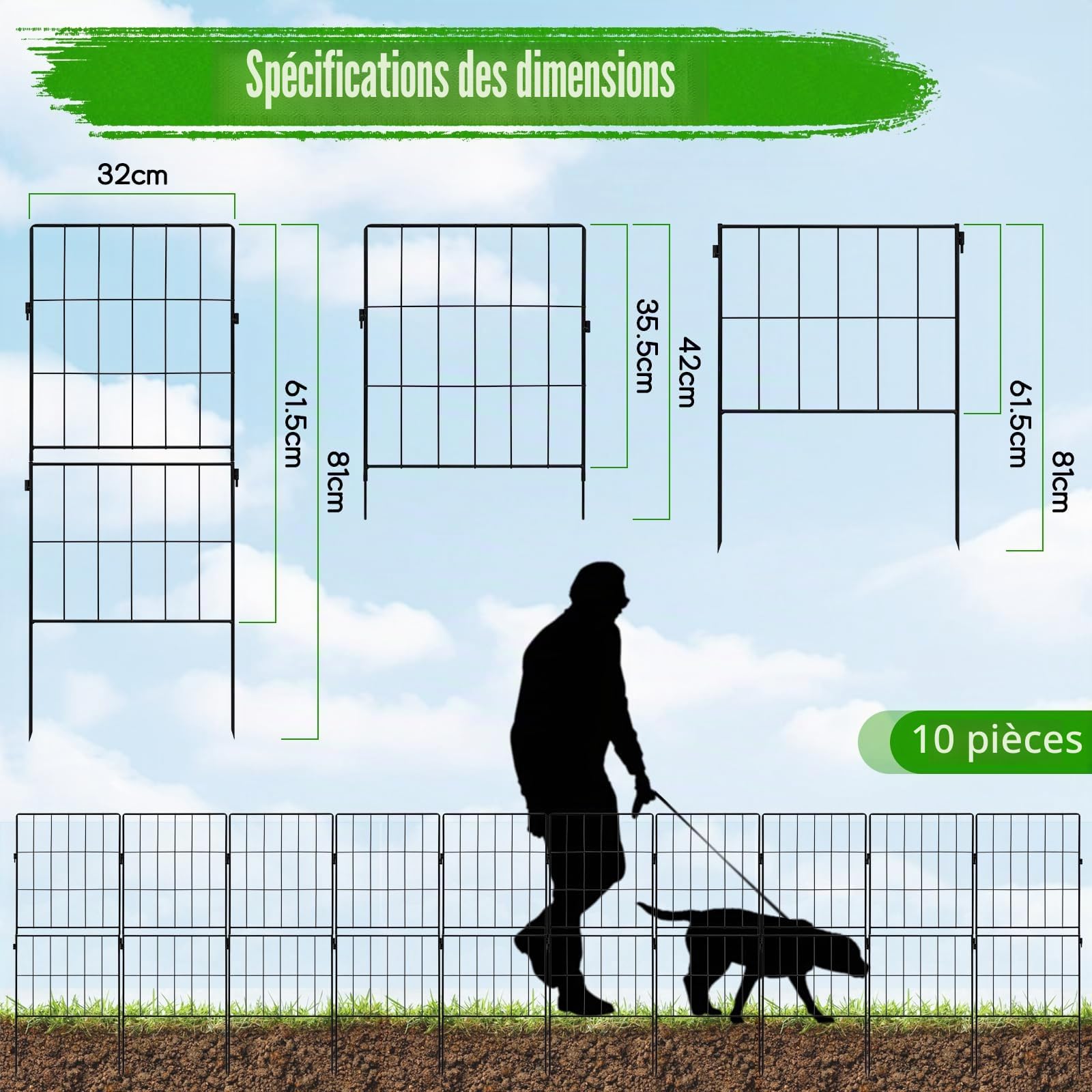 Lot de 10 Clôtures Jardin Extérieur, 81 cm(H) x 32 cm(L) Bordure Extérieur Métal Barrière de Jardin Décorative Antirouille Clôture pour Chiens, Barrière Animaux pour Cour, Terrasse, Pelouse
