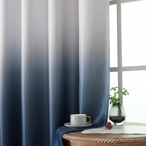Miniatura 6 de Estelar Textiler Cortinas opacas degradadas de 84 pulgadas de largo, juego de 2 paneles para sala de estar, azul marino y blanco grisáceo, ahorro de