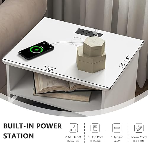 Miniatura 4 de Mesita de noche con estación de carga, moderna mesita de noche con puertos USB tipo C y salidas de CA, mesita de noche grande con 2 cajones y