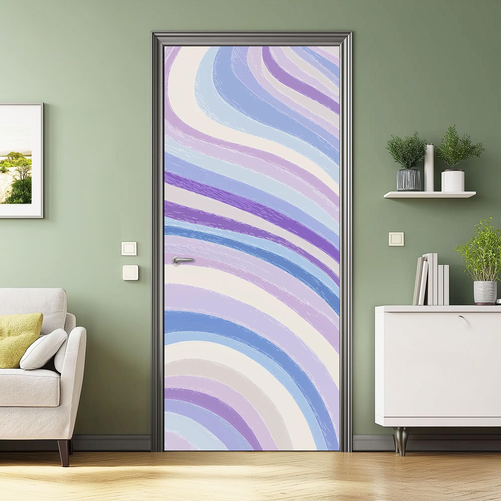 Samoprzylepna winylowa naklejka na drzwi, 80 x 210 cm, lawendowe abstrakcyjne paski, usuwalna tapeta, sztuka, plakat na drzwi, proste fale, linie, wodoodporna naklejka na drzwi do sypialni, gabinetu