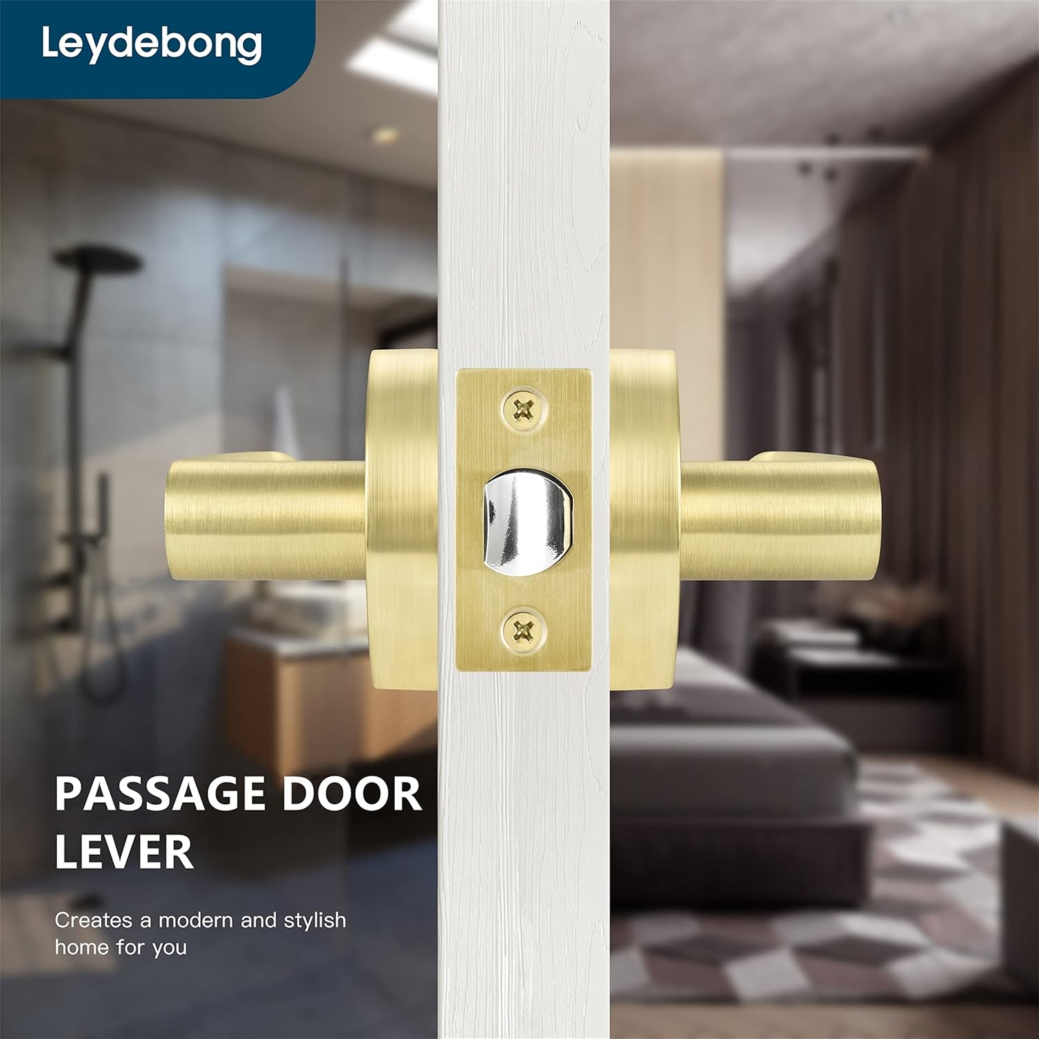 Leydebong 4 Pack Non-Locking Door Handles, Door Knobs Interior in Light Gold Finish, Passage Door Knobs Heavy Duty Contructions, Keyless Hallway Closet Door Knobs, Modern Door Levers