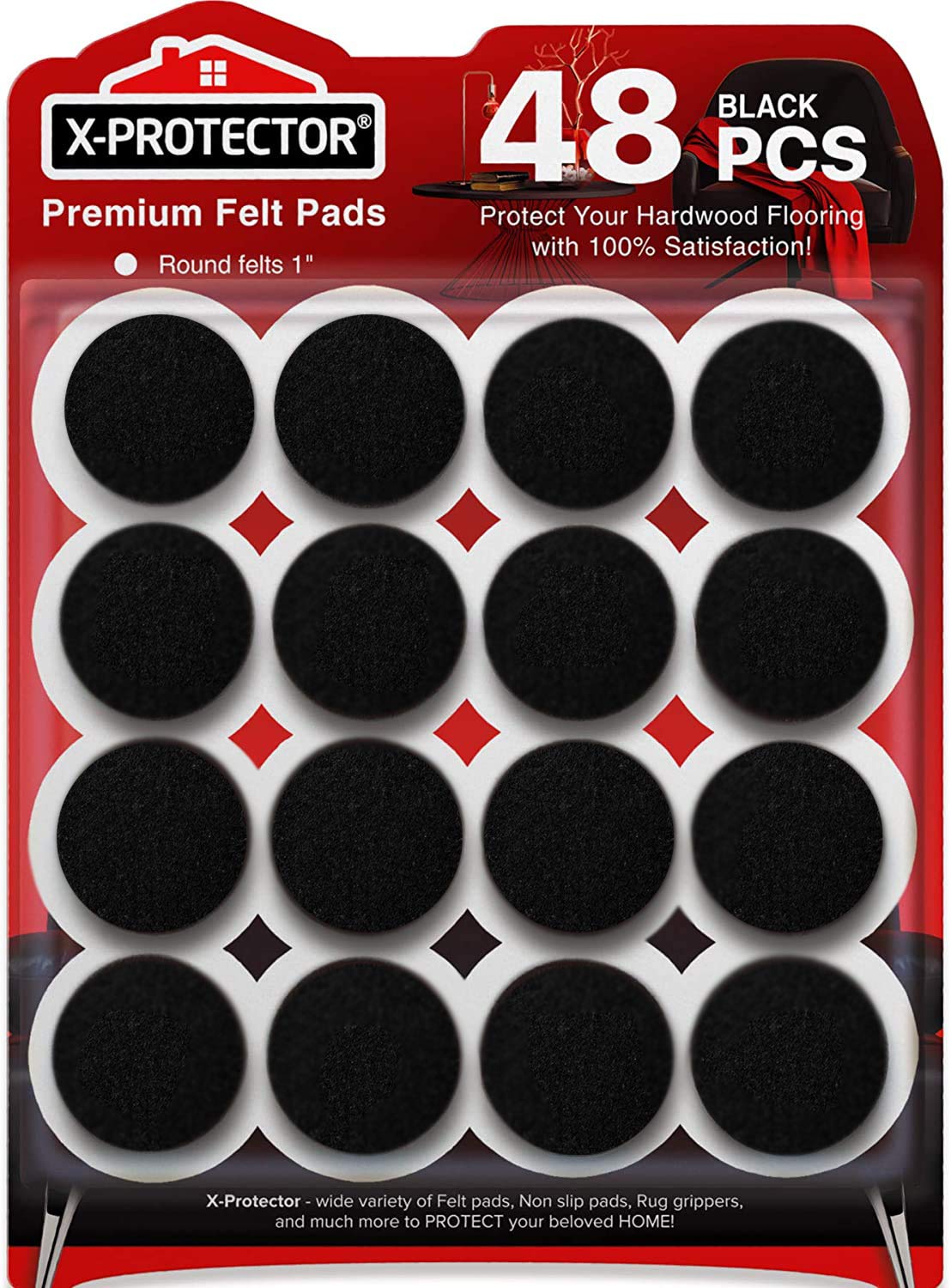 Felt Furniture Pads X-Protector - 48 PCS 1" - Premium Felt Pads (Black)