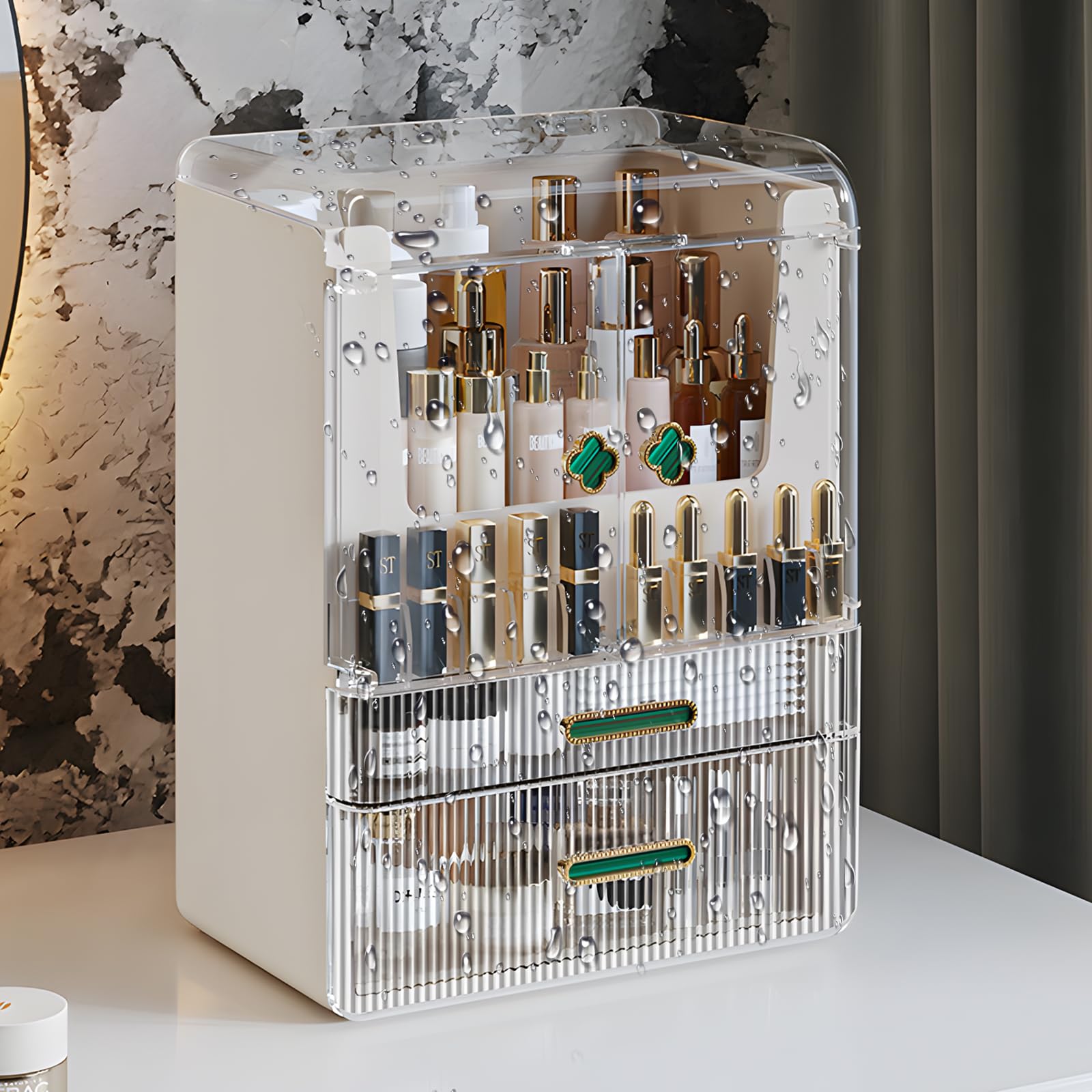 Caja Organizador de Maquillaje Grande Makeup Skincare Organizer con Cajones y Tapa Transparente Organizador Maquillaje para Baño Tocador Vanity de Maquillaje Blanco3