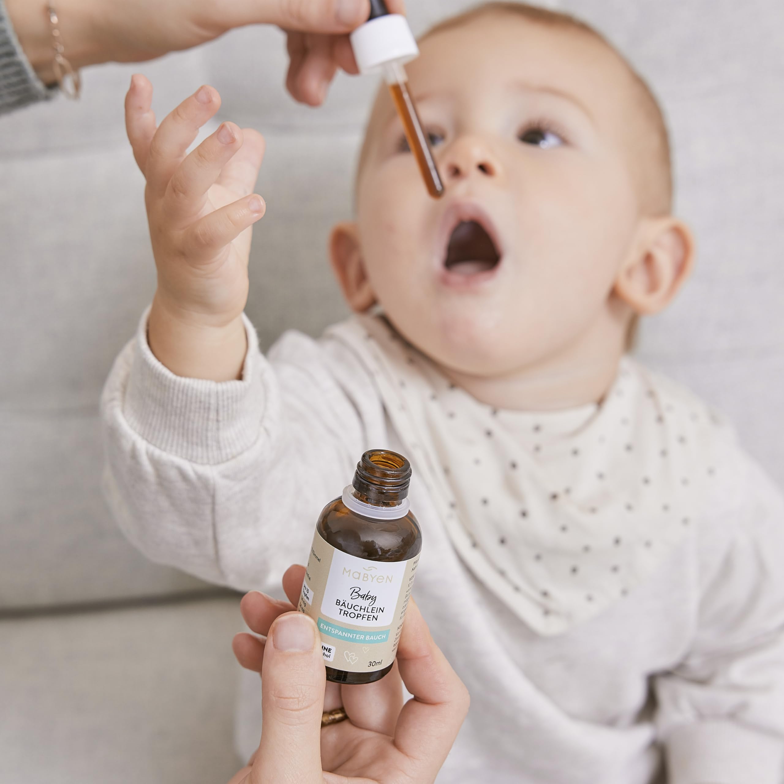 MABYEN Baby Wohlfühl Set - Naturkosmetik, zuckerfrei, ohne Alkohol, vegan, Geschenkset - 3 Produkte + Stoffbeutel - Zahnungsgel, Bäuchleintropfen und Träumchentropfen