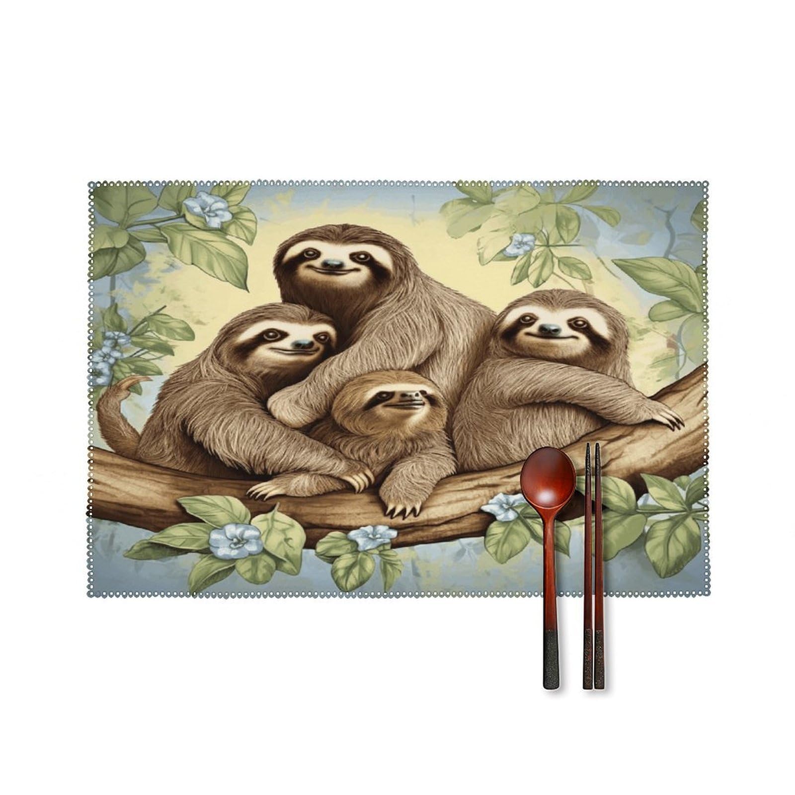 Sloth Family Placemats Set of 6 Non-Slip Heat Resistant Table Mats Canvas Washable Cloth Place Mats Easy to Clean Premium Placemat for Kitchen Dining Table Decoration