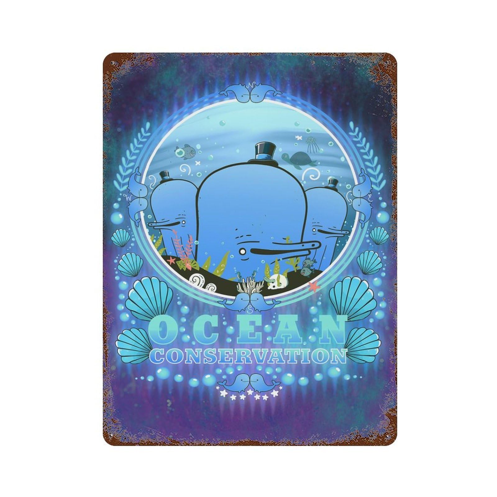Retro Metal Sign with Whales of Wonder Design 15.7"x11.8", for Bistro, Counter And Cafe Decor, Shabby Chic Decor