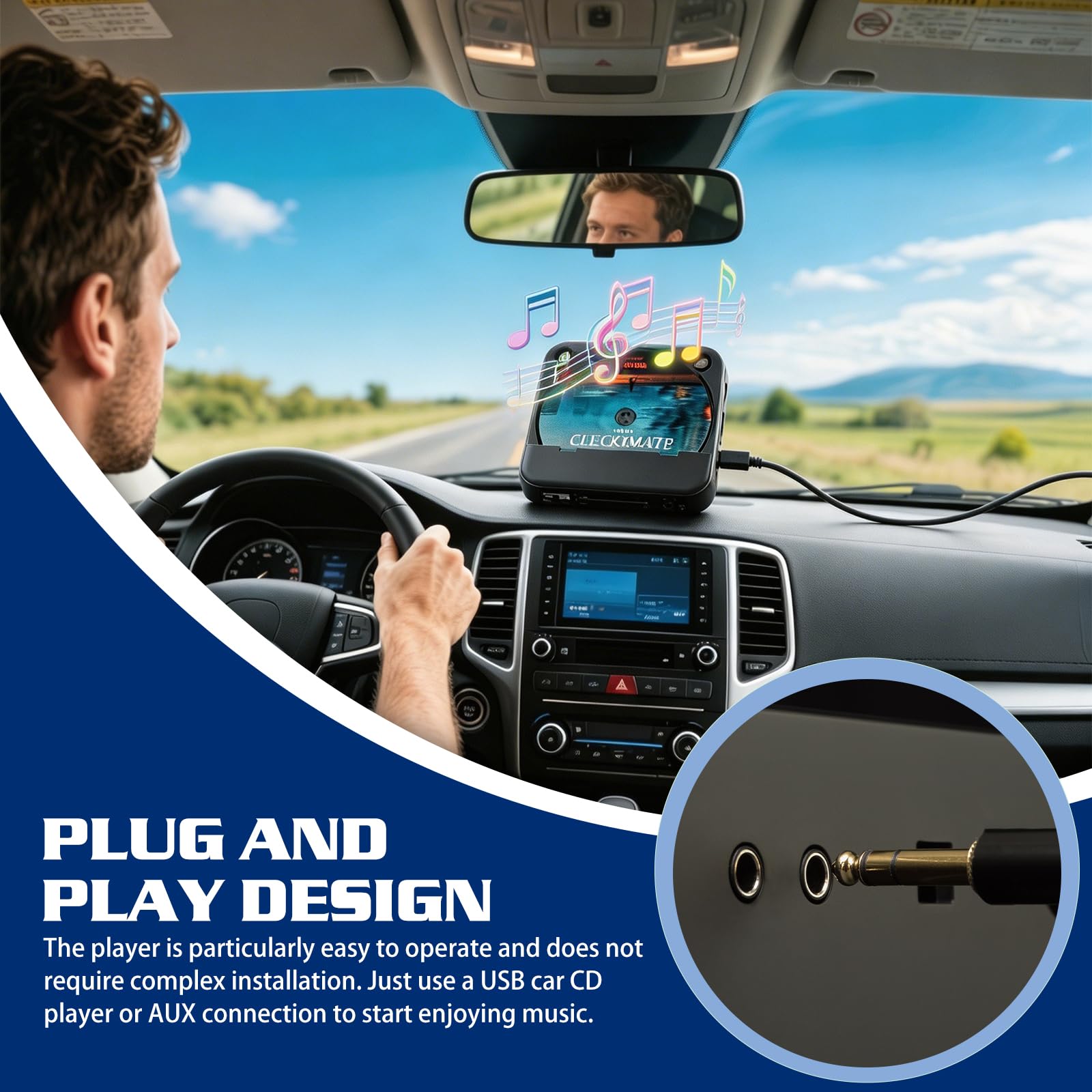 CD Player für Auto mit USB/AUX-Anschluss, Universal Auto CD-Player Externer CD Laufwerk, kompatibel mit AutoRadio, CD-Spieler für Fahrzeuge, Laptop, PC, Fernseher, mit AUX-Kabel, Schwarz
