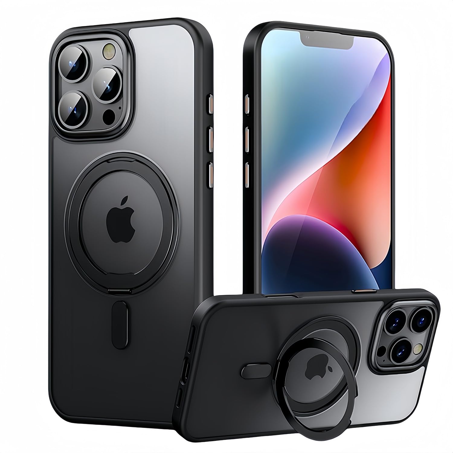 iPhone 15 Pro 用 ケース 360度回転 スタンド MagSafe対応 アイフォン15pro カバー リング ワイヤレス充電 SUGOIDAN 携帯ケース リング付き アイホン15プロ ケース 半透明 マグセーフ 軽量 スマホケース （ブラック）