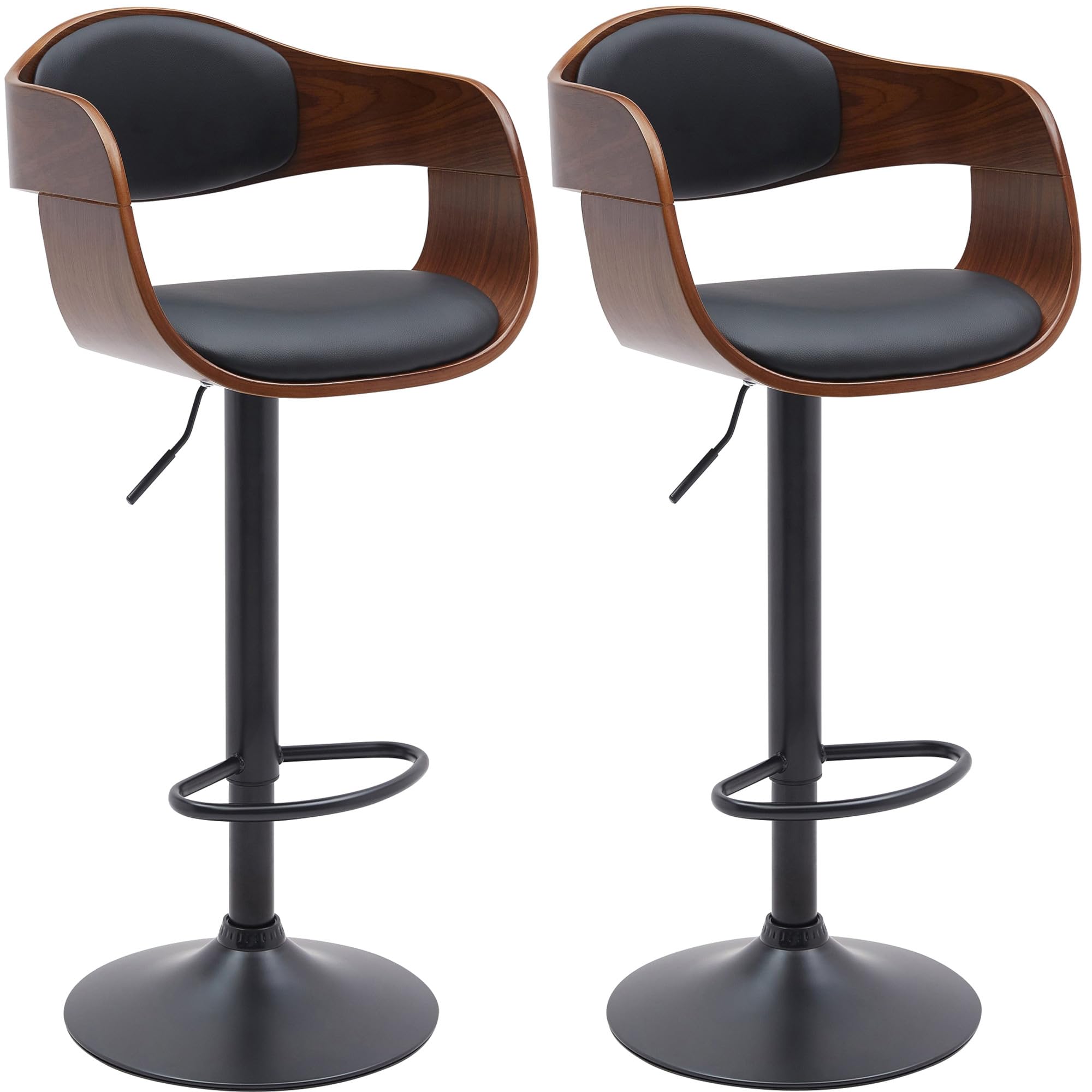 CLP Juego de 2 taburetes de Bar con Respaldo Kingston, taburetes de Bar tapizados en Polipiel o Tela, taburetes de Bar Regulables en Altura | Color Nuez/Negro Material Cuero Sintetico