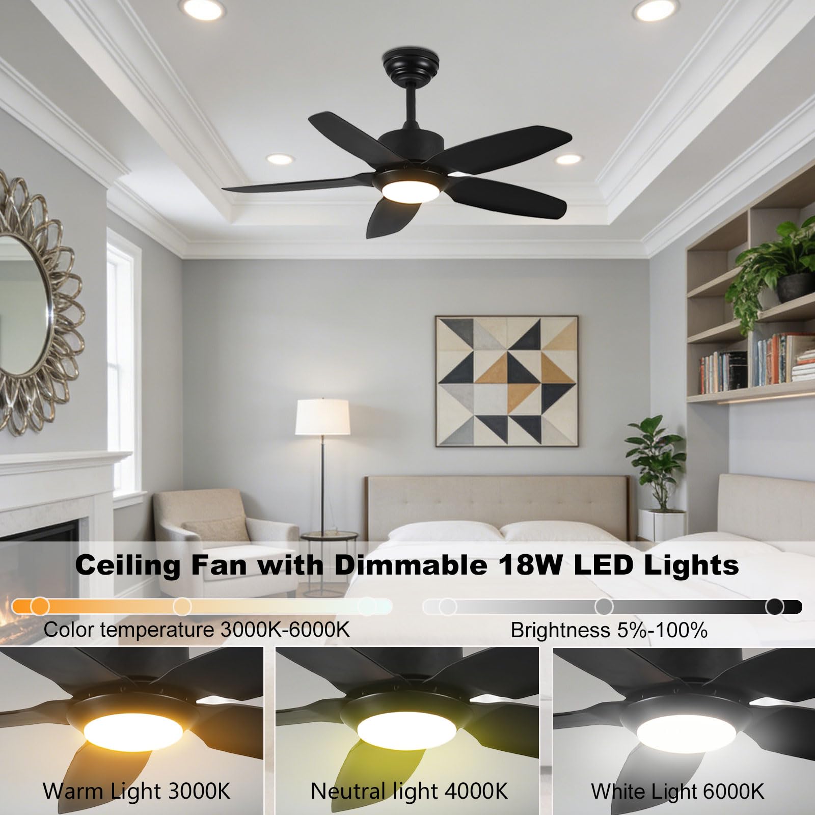 Ventiladores de Techo Negros silenciosos con Luces, Modernos, Inteligentes, con iluminación LED para Dormitorio, Comedor y Sala de Estar. 6 velocidades, Control Remoto, por aplicac