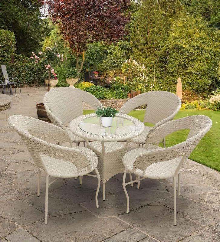 Embrace D-12 Chairs Table Set 4+1 Wicker Patio Furniture Sets 4 Chair and 1 Table for Garden Balcony Bedroom Powder Coated Frame Uv Protected Wicker (Off White)